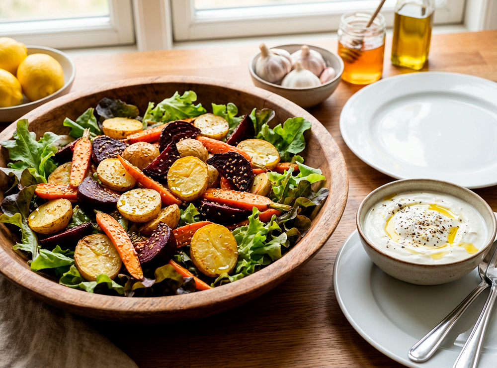Bagt Rodfrugtsalat med Yoghurt Dip (Baked Root Vegetable Salad with Yogurt Dip)