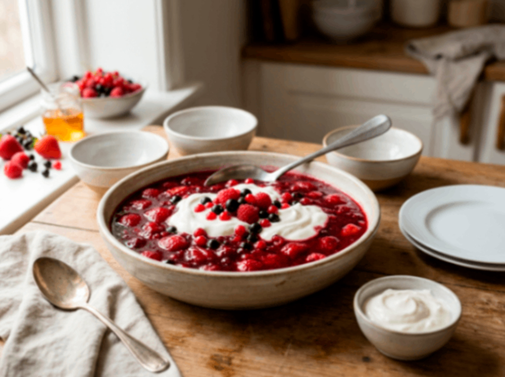 Rødgrød med fedtfattig skyr (Red Berry Pudding with Low-Fat Skyr)