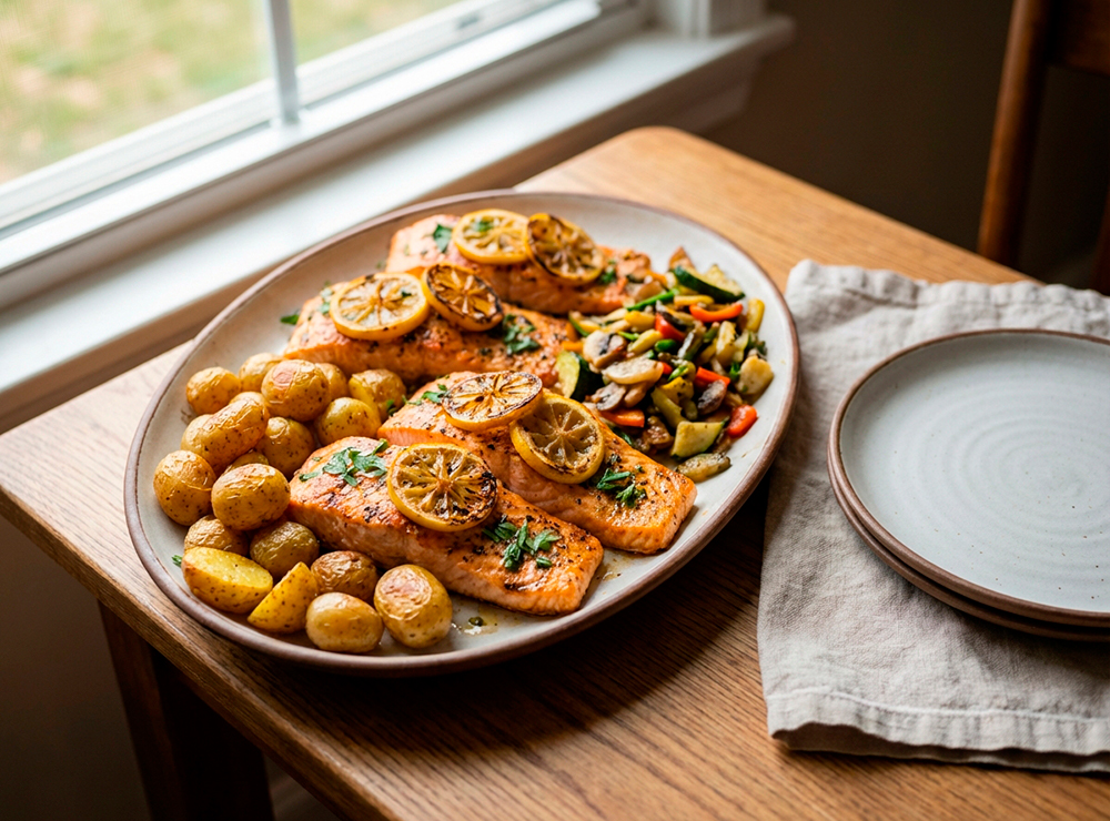 Zalm met geroerbakte krieltjes en groentea (Salmon with stir-fried baby potatoes and vegetables)